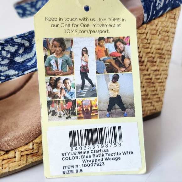 TOMS Clarissa Sandals 9.5 Blue Batik Textile Wrapped Wedge - Picture 13 of 16
